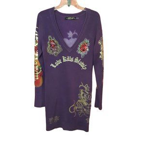 Ed Hardy "Love Kills Slowly" Purple Sweater Dress Y2K Size Large